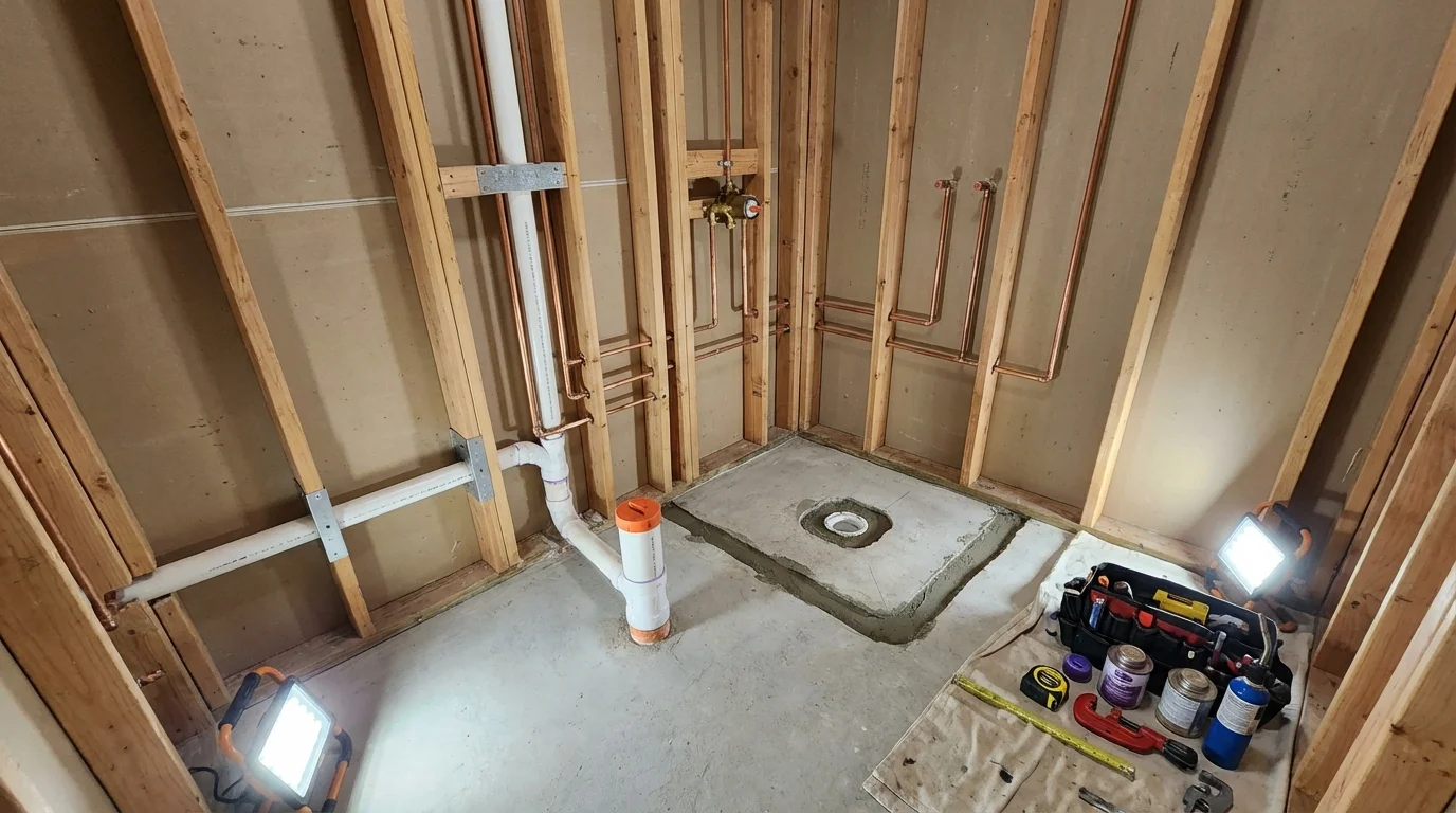 Bathroom rough-in plumbing during remodel by Johns Plumbing LLC in New Holland
