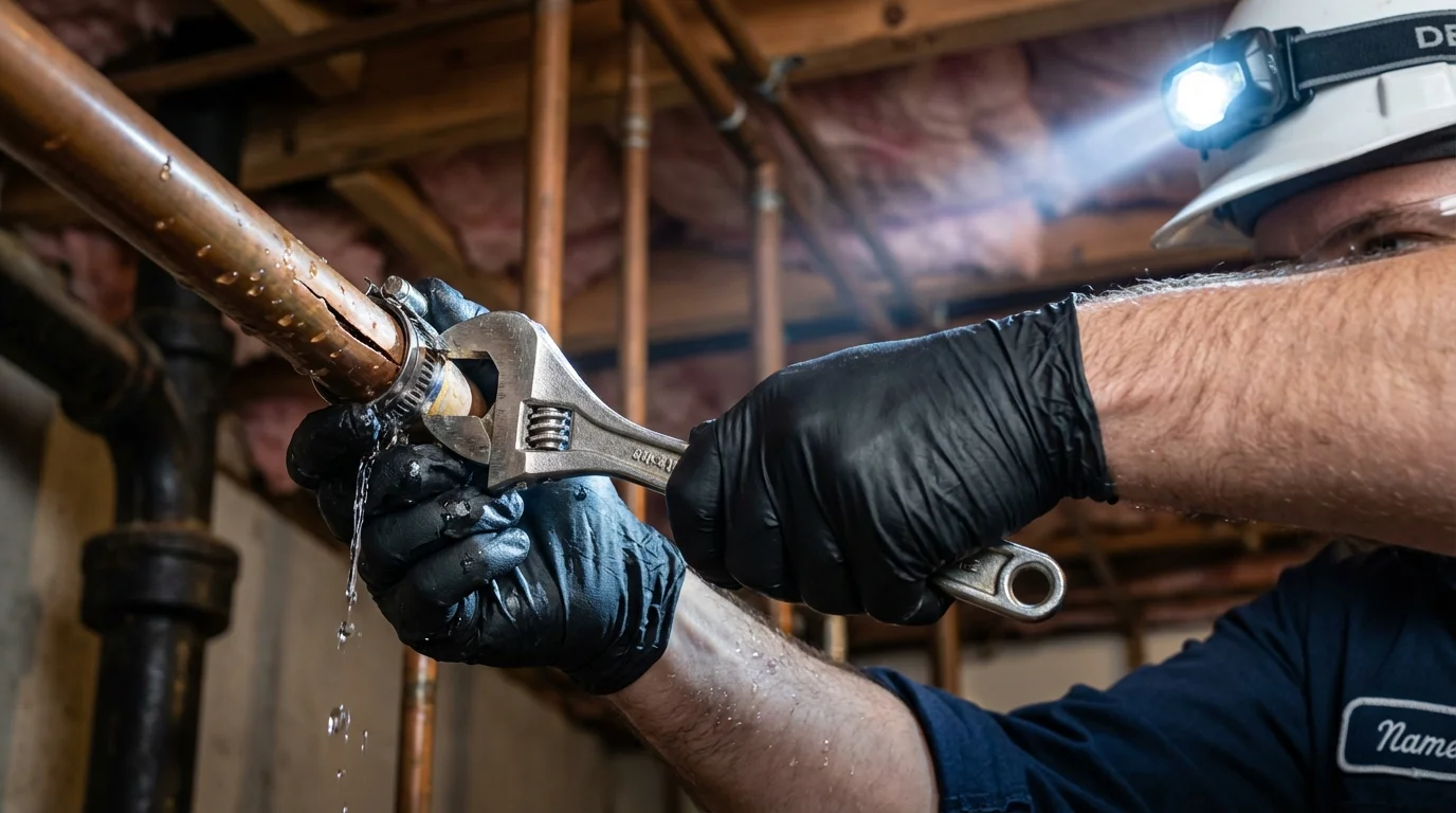 Emergency pipe clamp repair being performed by a Johns Plumbing LLC plumber in New Holland
