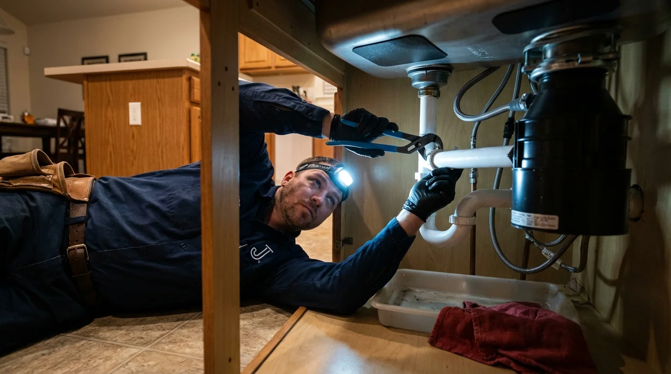P-trap and supply line connections under a kitchen sink showing a common leak point in New Holland, PA